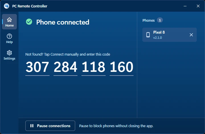 The PC app's Home with a phone connected