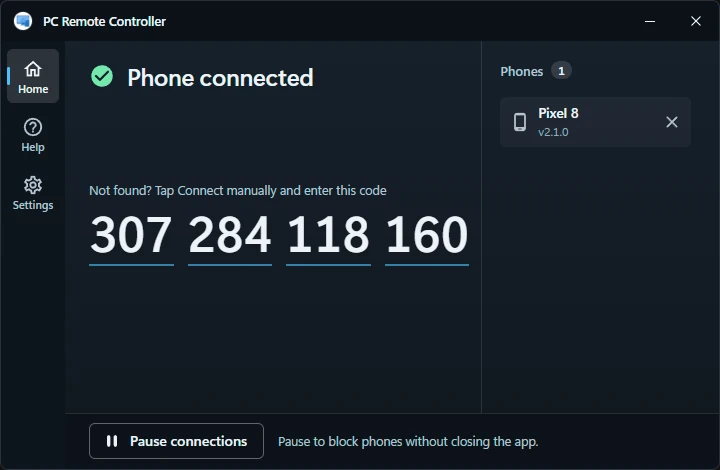 The PC app in its Dark theme with a phone connected