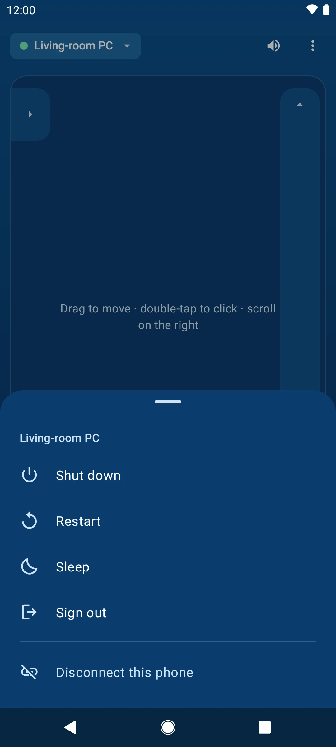 The PC sheet with Shut down, Restart, Sleep and Sign out